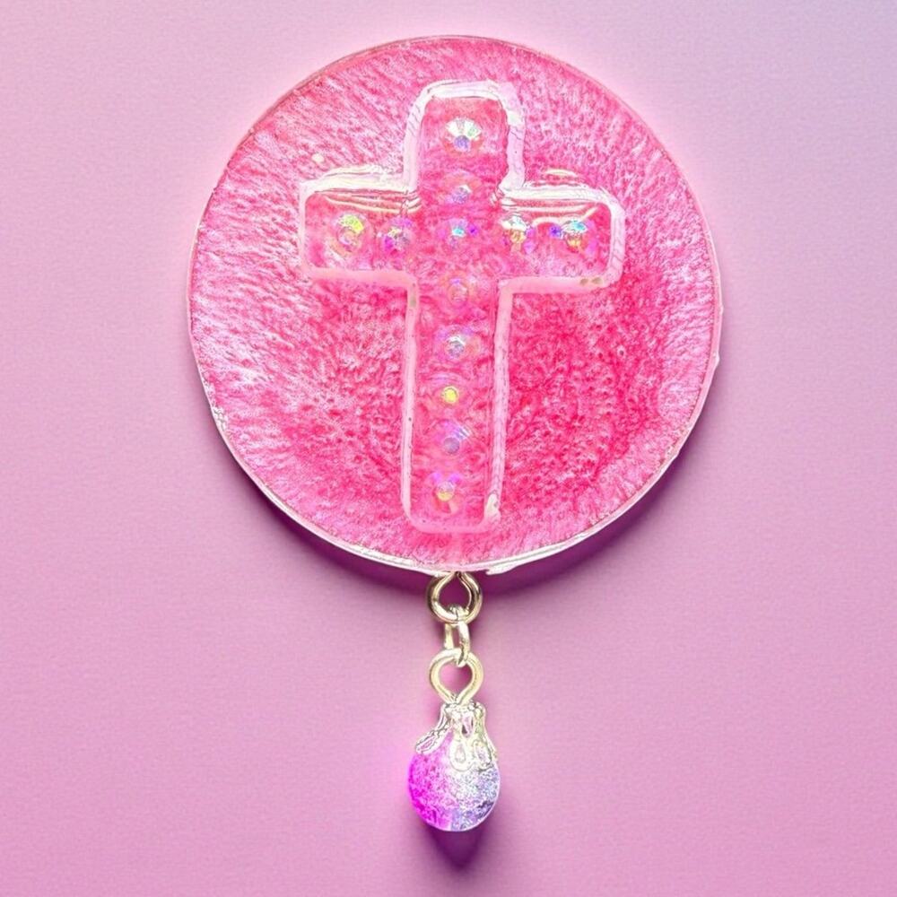 Handmade Resin Cross Magnet Faith Christian Gift Pink Rhinestone Cross w/ Bead - Picture 1 of 4